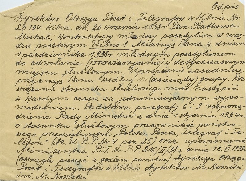 KKE 5601.jpg - Dok. Odpis - pismo Dyrektora Okręgu Poczt i Telekomunikacji w Wilnie do Michała Katkowskiego dotyczące awansu i uposażenia zawodowego, Wilno, 20 IX 1938 r.